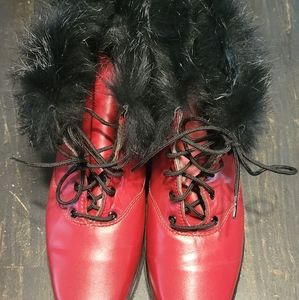 FABER Vintage Red ankle boots with Black fur trim: made in Canada
